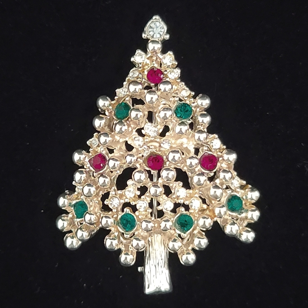 Gold Tone Christmas Tree Brooch with Red Green Clear Rhinestones 2"